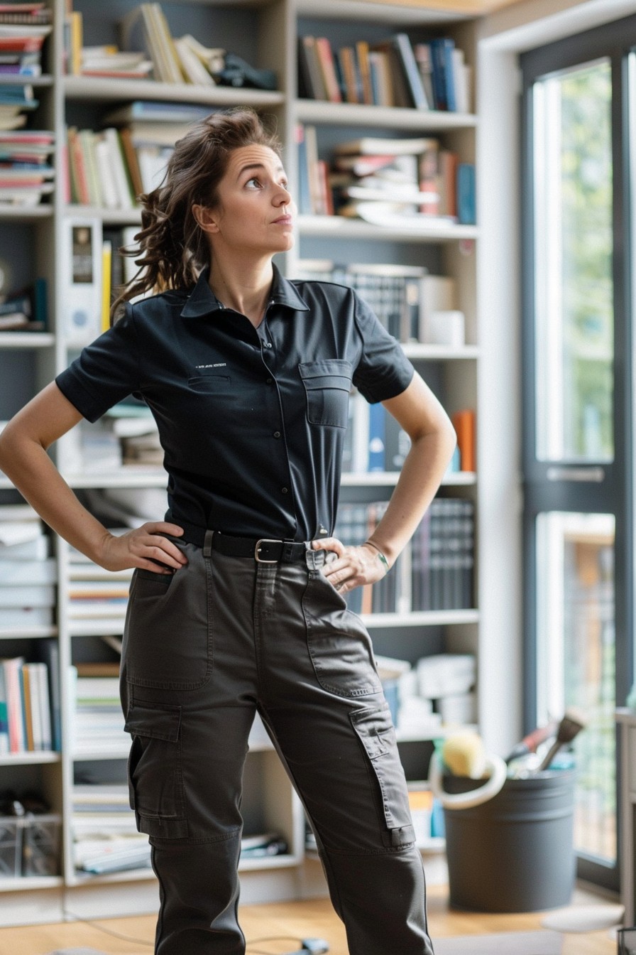 a professional female cleaner in London, wearing a neat branded uniform
