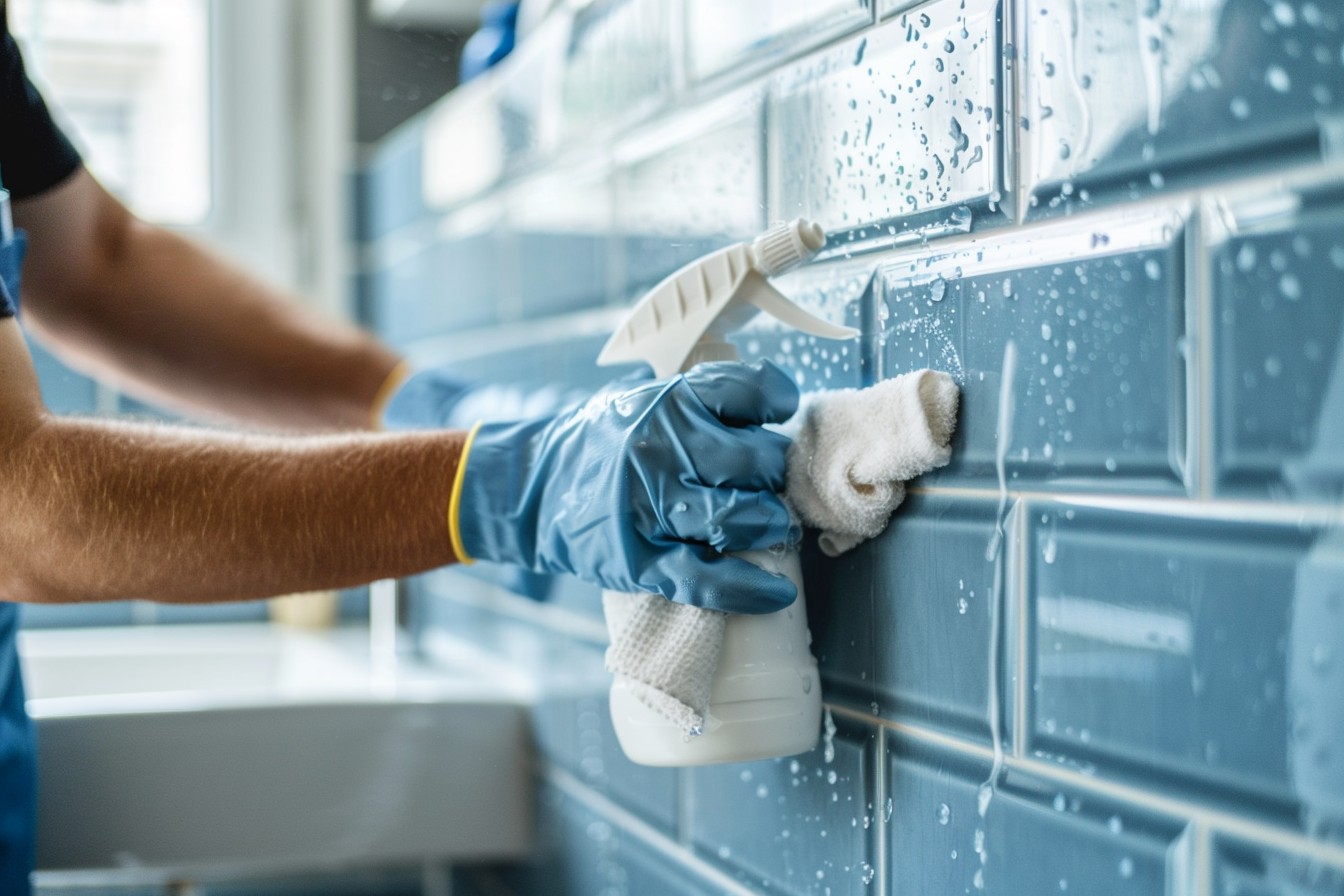 a professional cleaner in a neat uniform scrubbing light blue ceramic tiles in a modern London apartment bathroom during end of tenancy cleaning