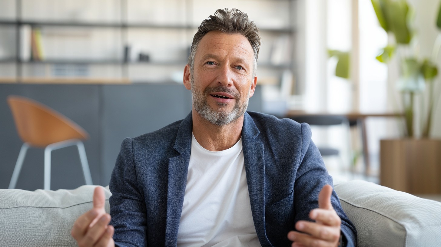 middle-aged British man, natural confident expression, speaking directly to camera