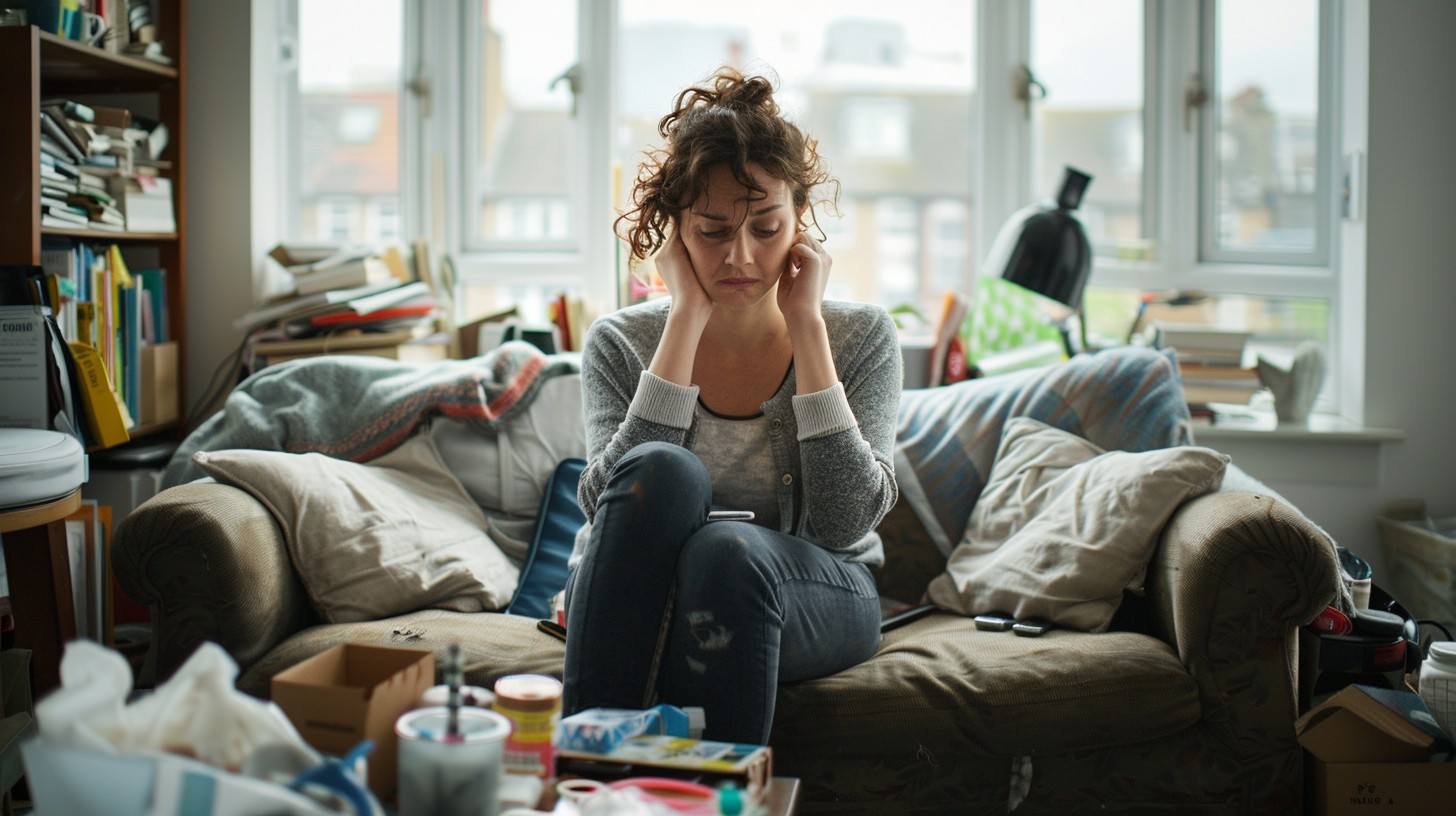 a worried young British woman tenant sitting on a sofa in a modest London rented flat